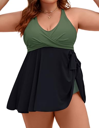 Edelqual Womens Plus Size Tankini Swimsuit Two Piece Tummy Control Bathing Suits Swim Dress Swimwear with Shorts