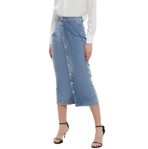 Women's High Waist Light Blue Denim Midi Skirt American Retro Style Button Front Jean Skirt for Everyday Outfits
