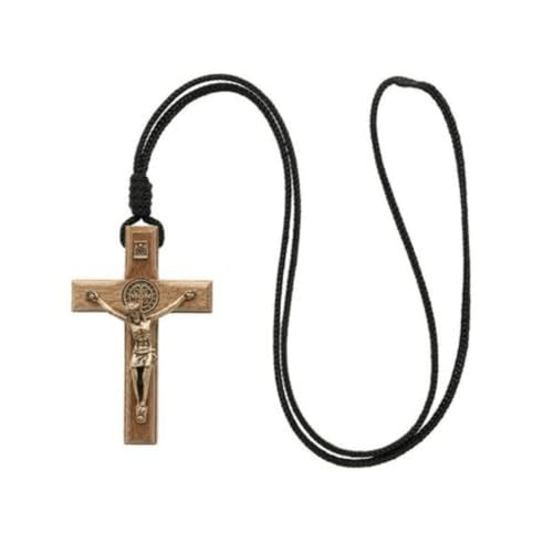 Colar Cordão Crucifixo Madeira Coroinha 7 cm Com São Bento