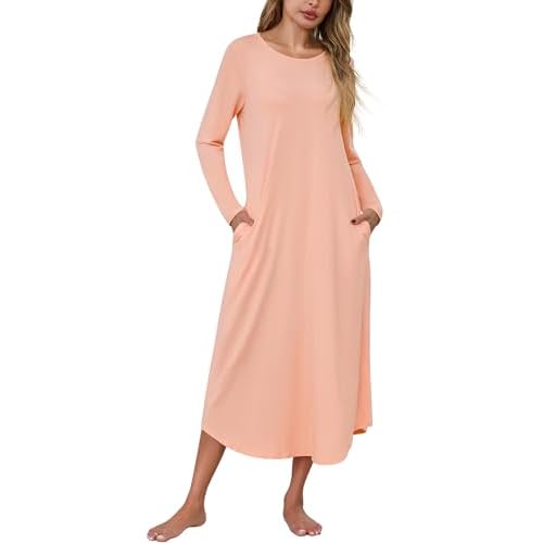 Marvmys Women Long Sleeve Nightgowns Round Neck Long Nightshirts with Pocket Sleepwears S-3XL Small Pink