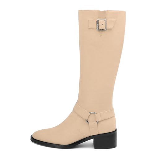 Women's Knee High Boots Buckle Fashion Side Zipper Knee High Bootie Round Toe Chunky Heel Solid Suede Knee High Boot2