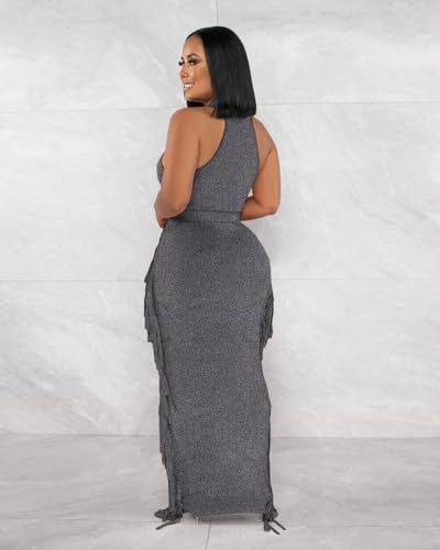 Image of 2 Piece Outfits for Women Sexy Halter Neck Sleeveless Crop Tops Ruched Bodycon Dresses Jumpsuits Fringe Skirt Sets
