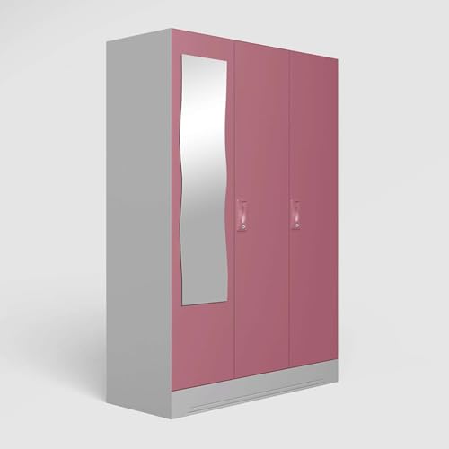 Image of Interio by Godrej Almirah Slimline 3-Door Steel Almirah, Cupboard for Clothes (Royal Ivory and Dusty Rose), 1-Year Warranty, 7 Shelves, 1 Locker, Curvilinear Mirror