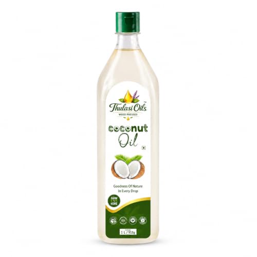 Image of Thulasi 100% Wood Pressed Coconut Oil 1 Litre |Traditionally Extracted | Chemical-free | Kolhu /Kacchi Ghani /Chekku | Natural |Coconut oil for Cooking- 1 Litre