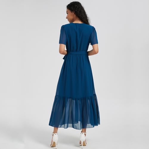 Image of Women's Summer Bohemian Floral Chiffon Dress Cap Sleeve V Neck Ruffle Long Flowy Boho Casual Vacation Dresses