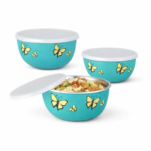 Image of Zaib Microwave Safe Stainless Steel Food Storage Containers with Lid | Pack of 3 | Sizes 12 cm, 14 cm, 16 cm | Capacity 500 ml, 750 ml, 1250 ml | Snap Fit Lid (Green Butterfly 3)