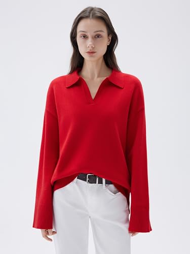 SUUKSESS Women Cashmere Oversized V Neck Pullover Sweaters Long Sleeve Collared Knit Jumper Tops2