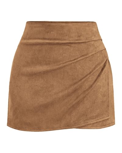 BTFBM Faux Suede Mini Skirts for Women Ruched Wrap Skorts,Light Coffee,XL - image 1