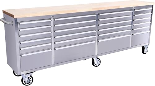 Image of PeakPursuit 96 inch Rolling Tool Chest with 24 Drawers, Solid Rubber Wood Workbench Top, Locking Wheels & Key Lock, Mobile Garage Storage Cabinet for Workshop Organization, Silver