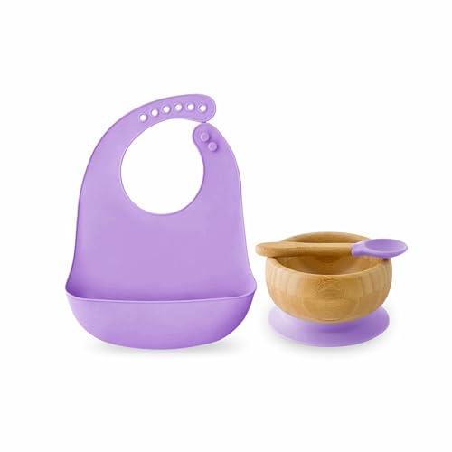 Image of Kids Station Wooden Baby Feeding Set - Bowl, Spoon & Bib - Purple | Eco-Friendly Self-Feeding Baby Tableware Set (3 pcs, Purple)