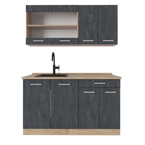 Vicco Singleküche R-Line, Schwarz Beton/Goldkraft Eiche, 140 cm AP Eiche