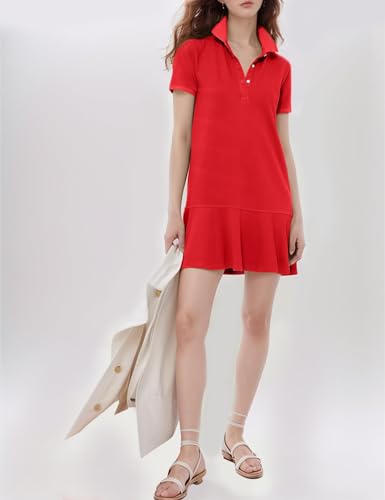 Image of Flygo Womens Polo Dress Summer Short Sleeve Ruffle T Shirt Dress | V Neck Lapel Henley Collar, Three Button Placket, Soft Pique Fabric, Short Mini Tunic Dress, Preppy Golf Tennis Activewear