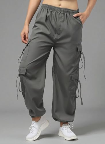 Image of SQew Women's High Waist Baggy Cargo Pants | Loose Fit Parachute Utility Trousers with Multiple Pockets | Casual Streetwear Pants