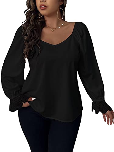 SOLY HUX Women's Plus Size Sweetheart Neck Lace Trim Flounce