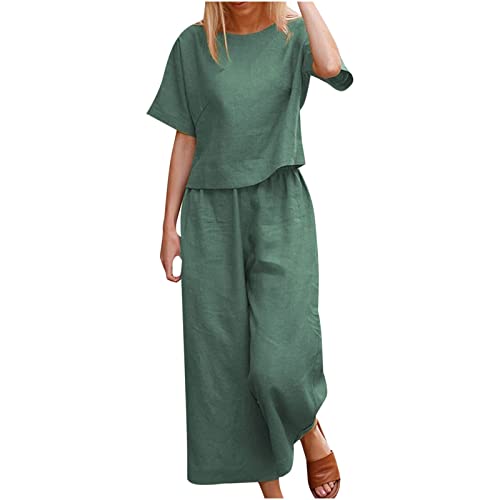 EMATOP Leinen Outfits Damen Leicht Baumwolle Hosenanzug 2 Teiler Bluse Tshirt und Lange Hosen Freizeitanzug Casual Einfarbig Jogginganzug Leicht Atmungsaktiv Sportanzug Lose Elegant Tracksuit