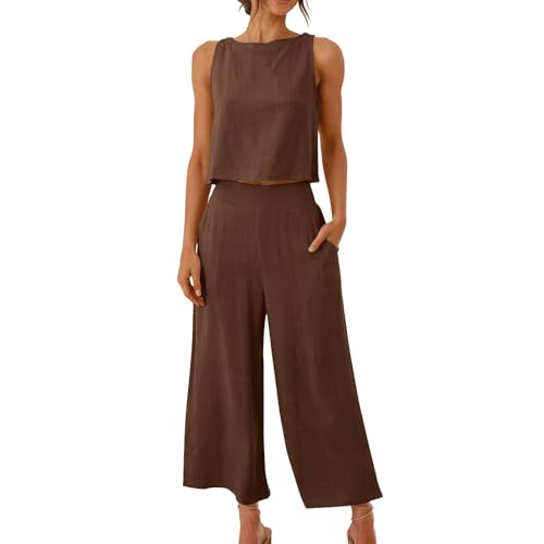 RLEHJN Zweiteiler Damen Sommer 2-teilige Musselin Hosenanzug Ärmellose Tank Tops und Weite Hose Leinenanzug Modische Einfarbig Loungewear Freizeitanzug mit Taschen Baumwolle Jogginganzug Tracksuit
