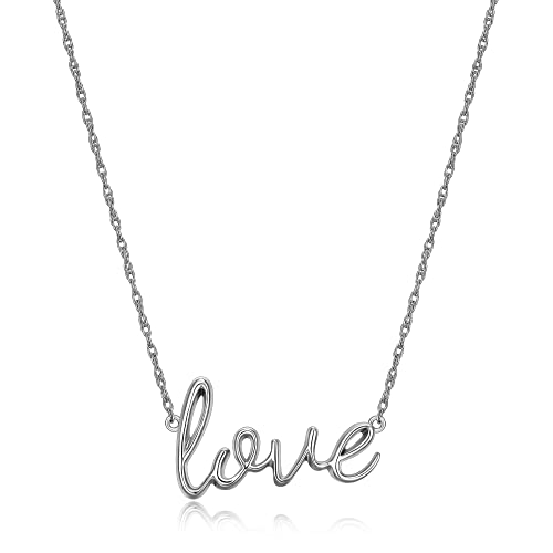 MORGAN & PAIGE .925 Sterling Silver Rhodium or 18K Yellow Gold Plated Statement Dainty Necklace for Women, Hypoallergenic Love Cursive Pendant Letter Necklaces for Women - 16in with 2in Extender Chain