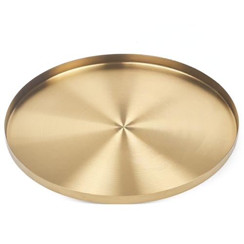 Yvttve Goldenes Rundes Tablett aus Metall mit 3 Anti Rutsch | Serviertablett Dekoteller und Dekotablett Kerzentablett (Ø 40 cm, Gold)
