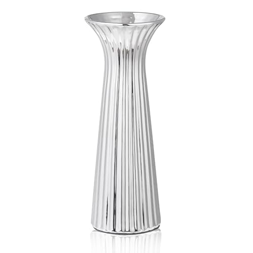Silver Ceramic Vase for Home Decor Small Ribbed Flower Vase for Pampas Grass Modern Contemporary Decorative Vase for Coffee Table Shelf Kitchen Living Room Bedroom & Elegant Centerpiece
