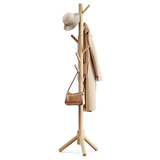 Wooden Coat Rack Stand, Adjustable Coat Tree, Free Standing Tree Hanger with 4 Sections & 8 Hooks for Home, Bedroom, Office, Hallway, Entryway, Apartment by Pipishell