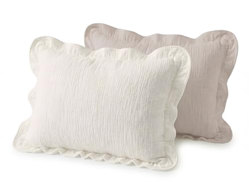 Image of Muslin Ruffled Toddler Pillowcases 13 inchx18 inch 2 Pack, Soft, Breathable Muslin Cotton Travel Pillow Covers with Envelope Closure for Baby Boys, Girls & Kids (Beige & Cream-Ruffled, 13 x 18 Inch)
