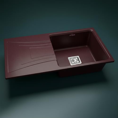 Image of ARQUIN Quartz Kitchen Sink with Drainboard 36x18x9 Inch Brown Granite sink for kitchen basin,UV Protected, Undermount | Topmount Including Coupling, Waste Pipe & Strainer Basket