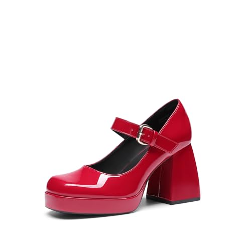 Image of DREAM PAIRS Women's High Chunky Platform Closed Toe Mary Jane Block Heels Square Toe Strappy Dress Wedding Party Pumps Shoes,Size 4.5,Red,SDPU2331W