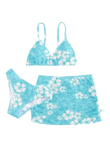 Image of Girl's 3 Piece Sets Floral Print Bikini Swimsuit High Waisted Bathing Suits with Beach Skirt Coverups