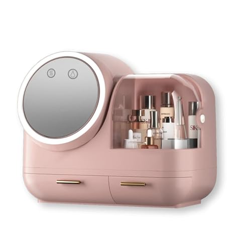 RoastMeメイクボックス ファン付き LEDライト 化粧品 収納 コスメボックス 蓋付き 女優ミラー 大容量 USB充電 持ち運び便利 クリアカバー 引き出し アクセサリー 防塵 大容量防塵スキンケア用品収納ラック (ピンク)