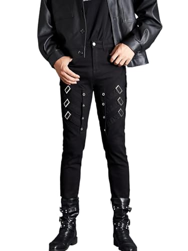Idopy Pantalones de motociclista para hombre, estilo punk, gótico, rock, club nocturno, fiesta, con hebillas, pantalones de motociclista, Negro, S