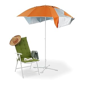Relaxdays Parasol strandschelp, met grondpen, draagtas, UV-bescherming 50, HxD: 210x175cm, 2in1 strandscherm, oranje