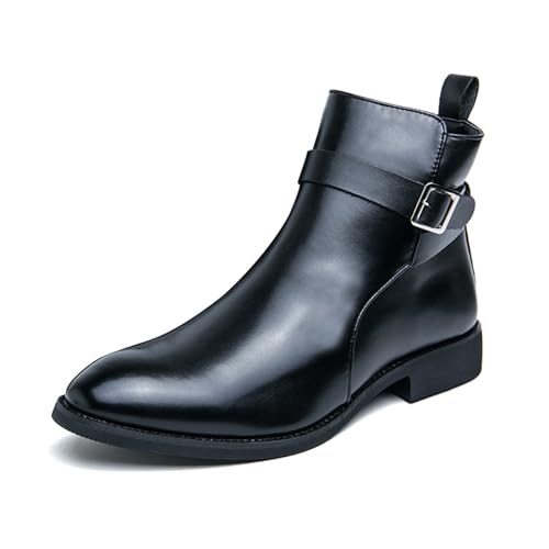 Men's Bright Leather High Top Chelsea Dress Boots with Buckle Strap Decor,British Style Fashion Pointed Toe Side Zipper Retro Comfortable Business Casual Ankle Boots