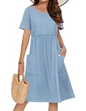 Zeagoo Women's Summer Short Sleeve A-Line Midi Dresses Casual Floral T-Shirt Dress Flowy Cotton Linen Beach Sundress with Pockets,Blue,M