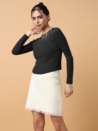 Image of ICW Women Knitted Rhinestone Embellised Daimond Studded Mesh Round Neck Long Sleeve Crop Top T-Shirt 206