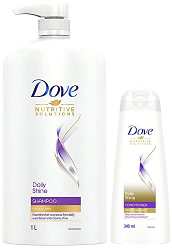 Dove Daily Shine Shampoo 1 L, For Damaged or Frizzy Hair, Makes Hair Soft, Shiny And Smooth & Dove Daily Shine Conditioner, 340 ml
