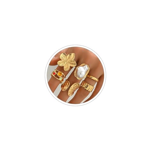 ONBRIG Chunky Gold Rings for Women Non Tarnish Statement Flower Ring Baroque Pearl Stackable Rings Set 6Pcs Chunky Jewelry (Gold)
