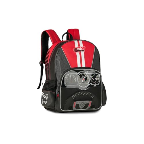 Mochila Escolar Infantil Fast Machine com Estampa de Velocímetro e Carrinho, Vermelha e Preta, 40x28x12cm