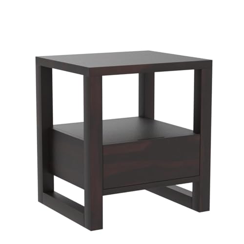Image of Solid Sheesham Wood Bedside Table for Bedroom | Wooden Bed Side Nightstand Lamp Table with Drawer & Open Shelf Storage for Home & Hotels | Rosewood, Walnut Finish