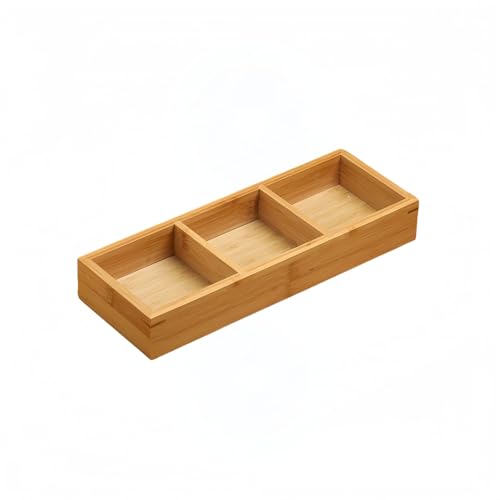 仕切り付き豆皿セット・陶磁器小皿&天然竹トレー|前菜皿/調味料皿/薬味皿/副菜皿に最適|和食器スクエアデザイン・寿司/刺身/お菓子盛り付け用・多用途プレート (3つ仕切り,D)