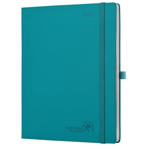 POPRUN Agenda 2025 Semana Vista 28,5 x 22,2 cm, Lengua Española, Intervalos de 15 Minutos, A4 Tapa Blanda, Porta Boligrafos Autoadhesivo, Cuero Puro, 100 GSM Papel EU, Rosa Pálido, Verde Pacífico
