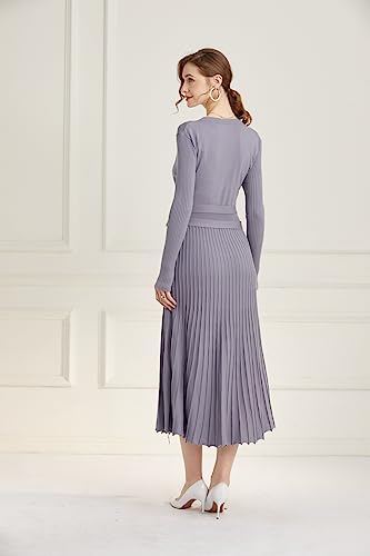 Image of Women's Long Knit Crewneck Sweater Dress Tie Waist A-Line Swing Pleated Bodycon