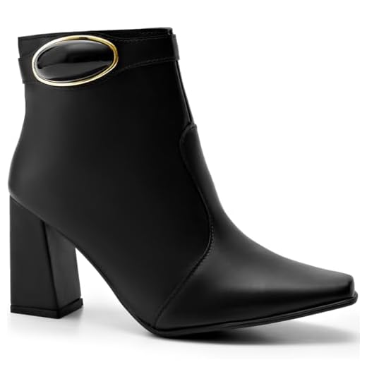 Bota Feminina Lumiss Cano Curto Salto Alto Bloco Enfeite Metalizado preto35