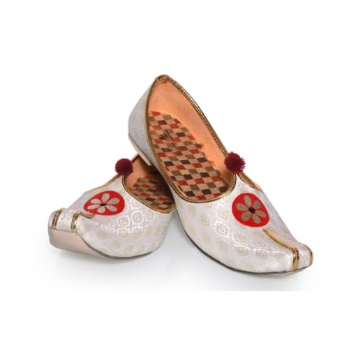 thirsty crow Men’s Traditional Cream Golden Wedding Jutti with Red Floral Motif & Pom-Pom – Ethnic Mojari-picture-27