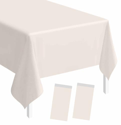 Image of SietDESEO 2 Pack Ivory Plastic Tablecloth Rectangle 54 x 108 Premium Disposable Table Cloth Plastic Ivory Table Cover for Wedding Baby Shower Party Decorations