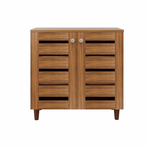 Image of VIKI Shoe Rack, Width 73cms, Brussel Walnut Colour | Pattern Ventilated Doors, Shoe Storage Cabinet for Hallway, Organizer Unit for Entryway, 1 Year Warranty