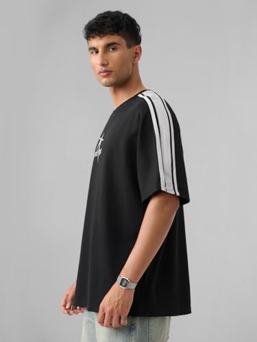 Image of The Souled Store ISRO: to The Moon Men and Boys Short Sleeves Round Neck Black Graphic Printed Cotton Oversized T-Shirts