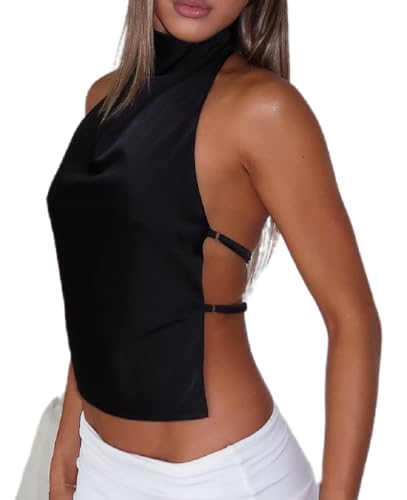 Women Halter Backless Tank Tops Cute High Mock Neck Cami Sexy Open Back Camisole Summer Going Out Tops (Black, M)