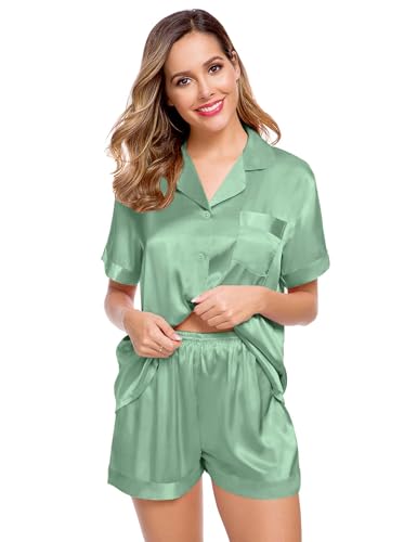 Image of LecGee Womens Silk Satin Pajamas Short Sleeve Loungewear Two-Piece Sleepwear Button-Down Pj Set