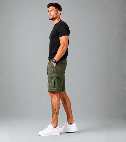 Image of L'MONTE Men's Imported Cotton Casual Relaxed Fit Outwear Cargo Shorts with Expandable Elastic Waist and Multi Pockets