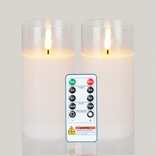 Image of Homemory Clear Glass Flameless Candles Battery Operated LED Pillar Candles with Remote and Timer, Real Wax Flickering Candles with 3D Wick, Decorative Glass Candles Home Wedding Holiday Decor, 2 Pack